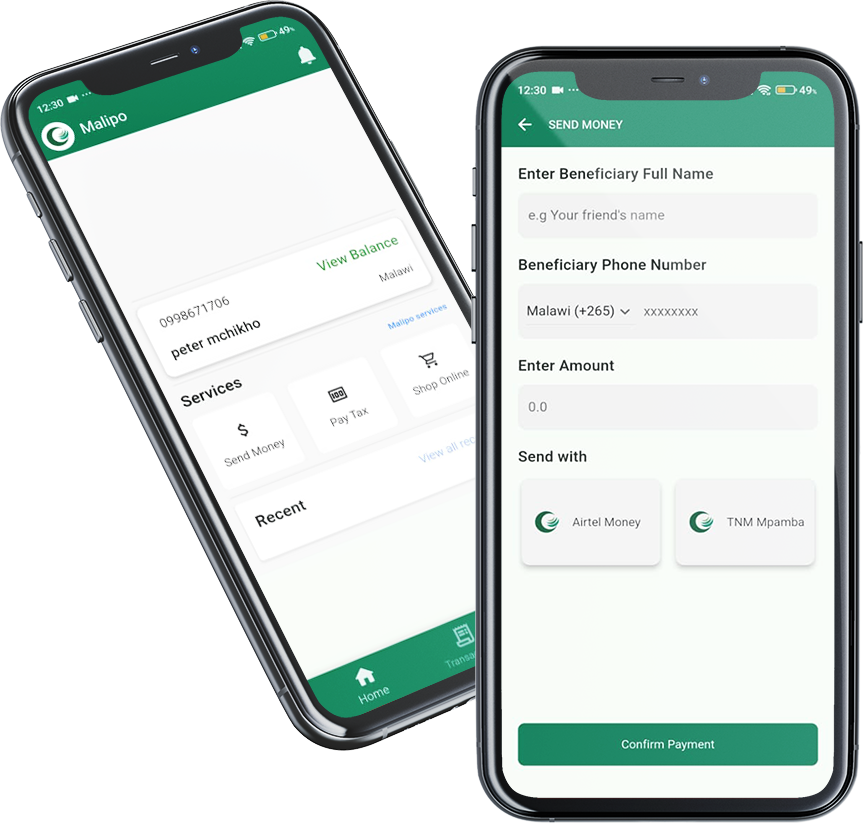 Malipo App displaying user dashboard with sending money options, showcasing seamless payment features in Malawi.